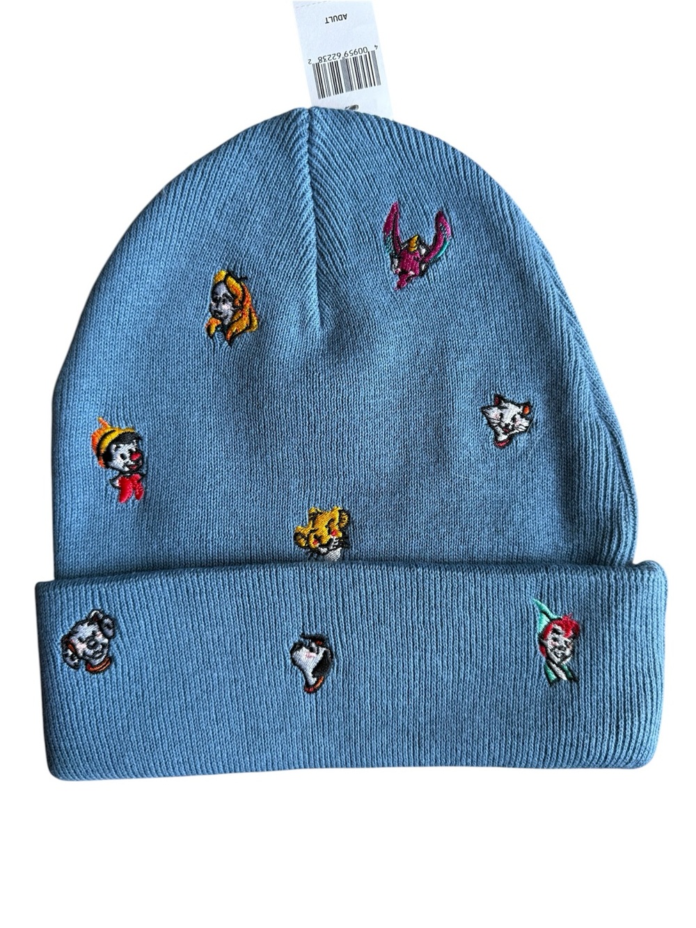 NWT Disney Parks light blue knit beanie featuring embroidered classic characters